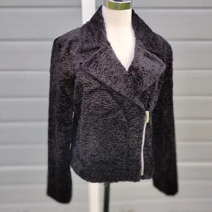 THEORY Black Crop Vegan Faux Fur Slim Moto Asymmetric Zip Cropped Jacket 8 US